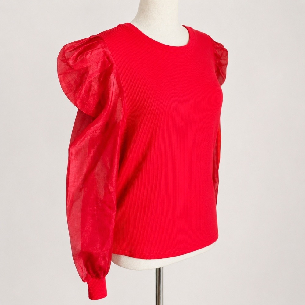 Anthropologie NEW Dolan Organza Red Puff Sleeve Top Blouse SZ XL Dark Coquette - Picture 3 of 13